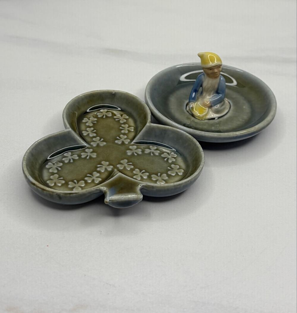 Vintage Wade Irish Porcelain Leprechaun Ring Holder & Shamrock Dish Set